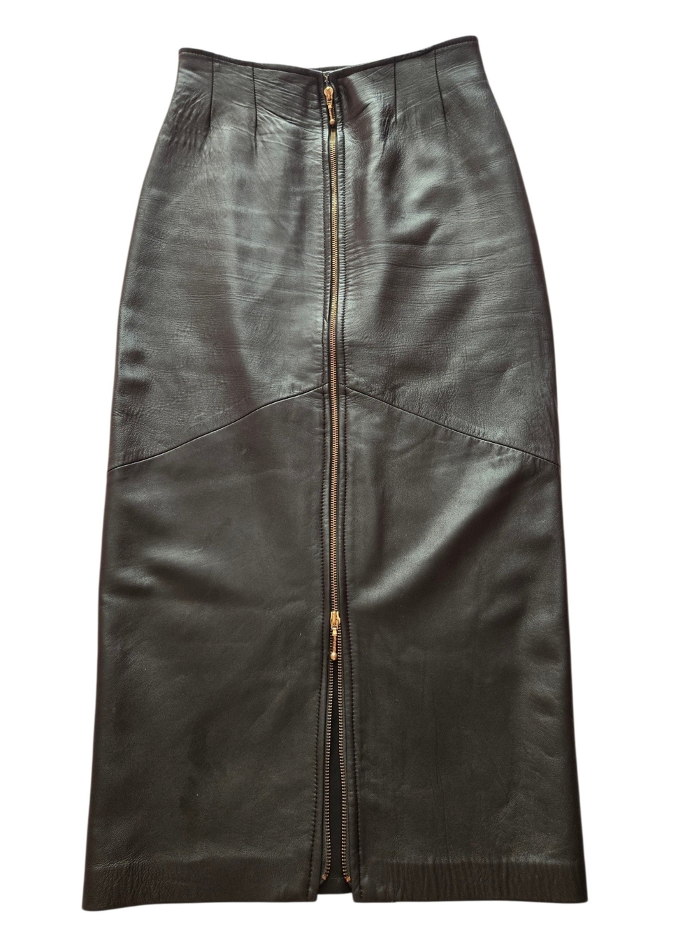 DANIER Black Leather Front-Zip Midi Skirt Size 8